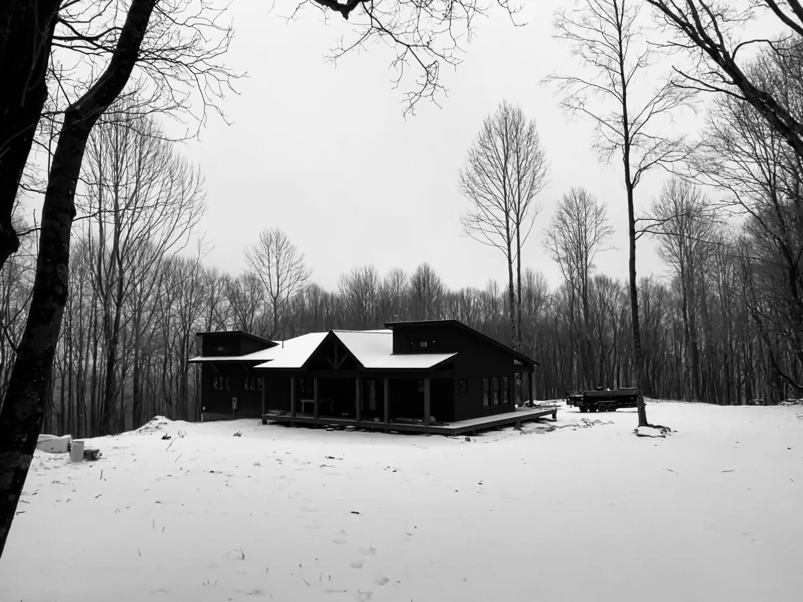 The Edgertons' dark-stained mountain home under snow in January, its timber-frame porch gable and standing-seam metal roof framed by bare winter trees